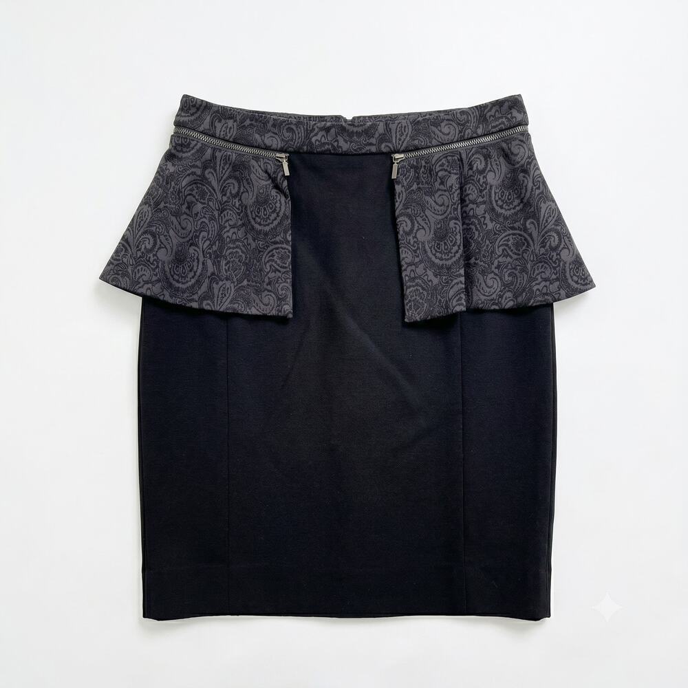 Etcetera Zip Off Ruffle Jacquard Peplum Pencil Skirt Black Career Work Womens 00